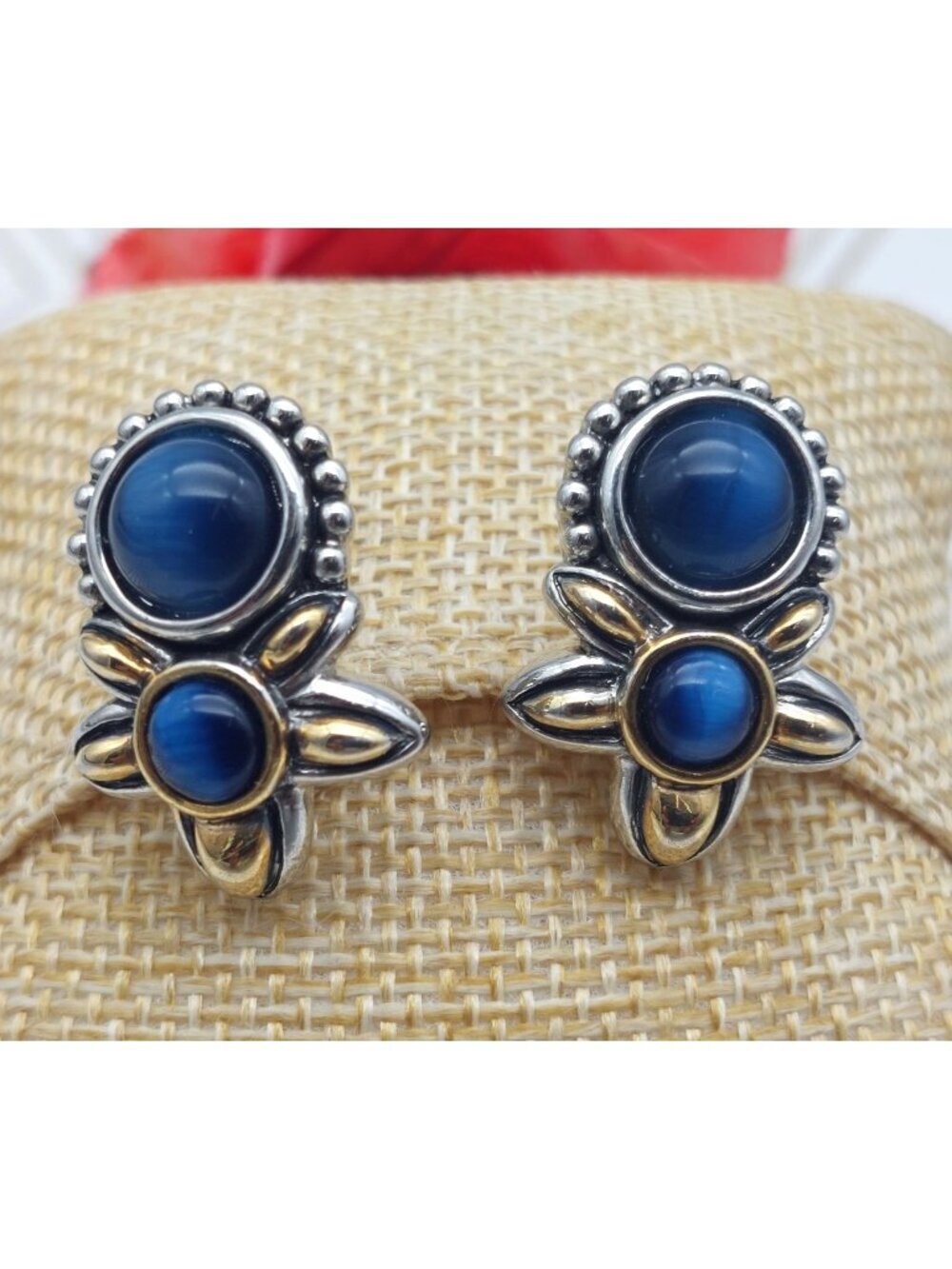 Michael Morrison Two Tone Silver & Gold Blue Glass Bead Floral Earrings Sign MX
